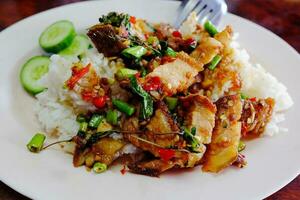 rijst- bekroond met roeren gebakken pittig krokant varkensvlees en Thais basilicum Aan wit bord.traditie Thais voedsel. foto