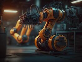 slim industrie robot armen voor digitaal fabriek productie technologie tonen automatisering fabricage werkwijze. generatief ai foto