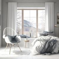 elegant kamer interieur met groot comfortabel bed in Scandinavisch stijl. generatief ai foto