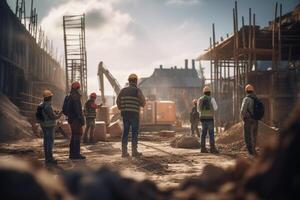 groep van Bouwers werken Bij bouw plaats door nemen afbeeldingen van de terug met generatief ai foto