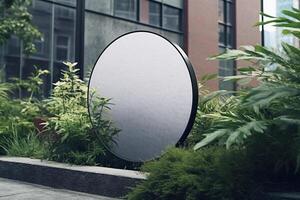 een blanco wit ronde metaal teken bespotten omhoog in modern stedelijk met generatief ai foto