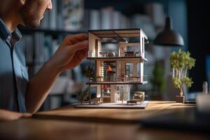 een persoon werken met de model- huis in de kantoor in de stijl van bouwkundig met generatief ai foto