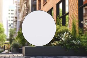een blanco wit ronde metaal teken bespotten omhoog in modern stedelijk met generatief ai foto