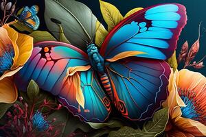 waterverf kleurrijk vlinder bloemen achtergrond, generatief ai. foto