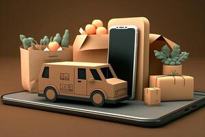 online boodschappen doen 3d illustratie achtergrond, generatief ai foto