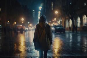 een eenzaam vrouw loopt in de omgeving van Bij nacht in een modern stad terwijl het is regenen gemaakt met generatief ai technologie. foto