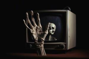 een hand- bereiken uit Bij een oud televisie gemaakt met generatief ai technologie. foto