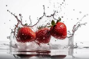 aardbeien vallend in water met spatten Aan een wit achtergrond gemaakt met generatief ai technologie. foto