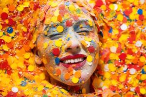 een menselijk gezicht gemaakt van confetti gemaakt met generatief ai technologie. foto