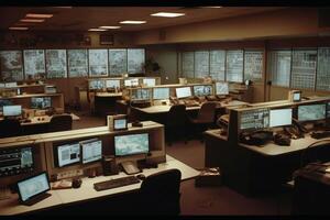 binnen een cctv controle kamer met veel monitoren tonen camera beeldmateriaal gemaakt met generatief ai technologie. foto