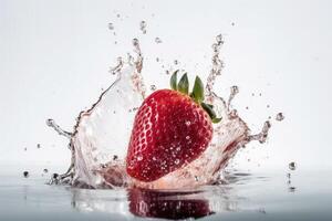 aardbeien vallend in water met spatten Aan een wit achtergrond gemaakt met generatief ai technologie. foto