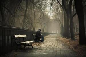een eenzaam en verdrietig persoon zittend Aan een bank gemaakt met generatief ai technologie. foto