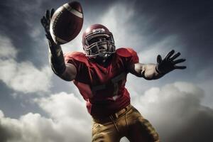 Amerikaans Amerikaans voetbal in vlucht wezen gevangen door een speler gemaakt met generatief ai technologie. foto