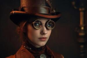een mooi portret van een jong vrouw in een steampunk kleding gemaakt met generatief ai technologie. foto