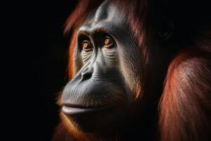 dichtbij omhoog visie van een orang oetan tegen een donker achtergrond gemaakt met generatief ai technologie. foto