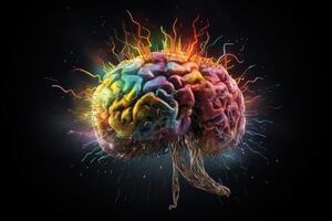 een menselijk hersenen exploderend met kennis en creativiteit gemaakt met generatief ai technologie. foto