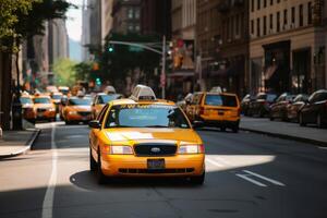een geel taxi in de straten van nieuw york gemaakt met generatief ai technologie. foto