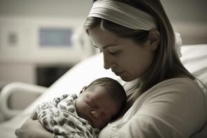een moeder houdt haar alleen maar geboren baby in haar armen in een ziekenhuis bed gemaakt met generatief ai technologie. foto