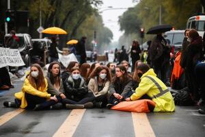 klimaat activisten blok een weg gemaakt met generatief ai technologie. foto