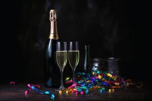 Champagne bril en kleurrijk slingers en schitteren confetti Aan een gelukkig nieuw jaar achtergrond gemaakt met generatief ai technologie. foto