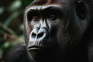 een portret van een groot mannetje gorilla in de oerwoud gemaakt met generatief ai technologie. foto