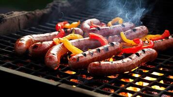 gegrild worstjes en groenten Aan een vlammend bbq grillen. een heerlijk voedsel poster voor zomer dineren. generatief ai foto