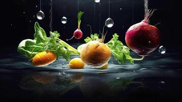 zwart achtergrond met een assortiment van vers groenten, fruit, en water spatten. gezond voedsel. generatief ai. foto