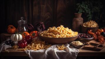 vers tomaten, basilicum, en pasta Aan donker ruw achtergrond. levendig kleuren en authentiek voelen. generatief ai foto