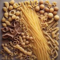 ongekookt pasta reeks Aan donker rustiek achtergrond. voedsel poster. generatief ai foto