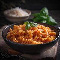 heerlijk pasta schotel met saus Aan donker achtergrond. perfect voor voedsel en Italiaans keuken thema's. generatief ai foto
