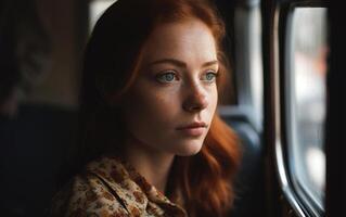 mooi jong vrouw met rood haar- De volgende naar een venster auto. generatief ai. foto