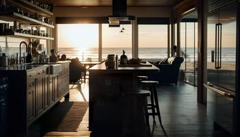 modern keuken interieur Bij zonsondergang. strand huis met mooi zonlicht. generatief ai. foto