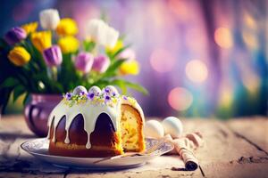 feestelijk Pasen tafel instelling Aan schijnend bokeh achtergrond. Pasen taart, Pasen eieren en voorjaar bloemen boeket. generatief ai illustratie foto