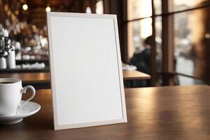 mockup blanco menu kader in restaurant Aan een tafel tegen een wazig achtergrond. generatief ai illustratie foto