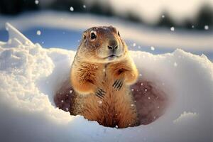 gelukkig groundhog dag. groundhog komt tevoorschijn van een besneeuwd gat na winterslaap. generatief ai illustratie foto