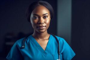 Afrikaanse Amerikaans vrouw dokter of een verpleegster in kliniek. generatief ai illustratie foto