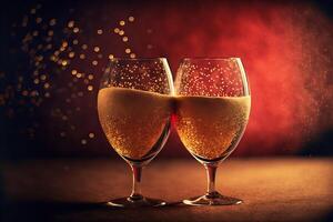 twee Champagne bril Aan gouden bokeh romantisch achtergrond. generatief ai illustratie foto