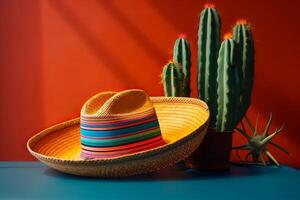 cinco de mayo vakantie achtergrond. Mexicaans cactus en partij sombrero hoed Aan rood oranje achtergrond. generatief ai illustratie foto