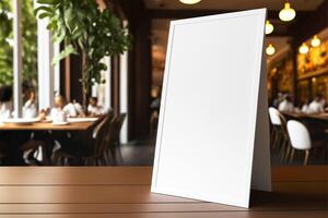 mockup blanco menu kader in restaurant Aan een tafel tegen een wazig achtergrond. generatief ai illustratie foto