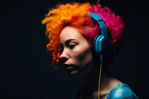 verdrietig elegant vrouw met levendig afro haar- luistert naar muziek- in koptelefoon. generatief ai illustratie foto