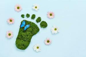 creatief ecologisch, milieu zorg, aarde dag concept. blootsvoets voetafdruk gemaakt van natuurlijk groen mos, bloemen en vlinder Aan blauw achtergrond foto