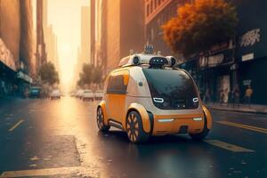klein geel robot taxi ritten langs groot stad straat. kunstmatig intelligentie- controles de auto. generatief ai illustratie foto