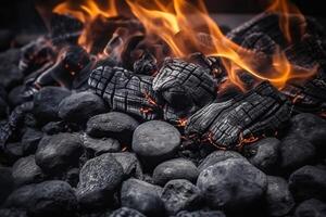 houtskool vlammen achtergrond voor barbecue. leeg brandend houtskool voor Product plaatsing. generatief ai illustratie foto