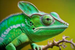 detailopname portret van een kameleon met helder exotisch huid in groen kleuren. generatief ai illustratie foto