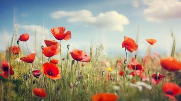 bloeiend mooi klaprozen in de weide. midzomer natuurlijk banier met klaprozen bloemen. generatief ai illustratie foto