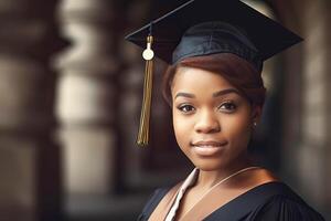 mooi zwart Amerikaans vrouw vervelend een diploma uitreiking kap. studie, opleiding, Universiteit, middelbare school, afstuderen concept. generatief ai illustratie foto