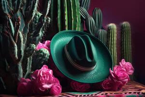 cinco de mayo vakantie achtergrond. Mexicaans cactus met bloeiend bloemen en partij sombrero hoed. generatief ai illustratie foto