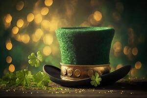 glimmend groen hoed, goud munten en Klaver bladeren. st. Patrick dag concept. generatief ai illustratie foto