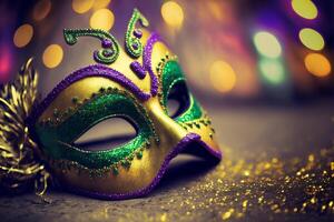 goud, Purper en groen glitterachtig mardi gras masker Aan schijnend bokeh stad achtergrond. generatief ai illustratie foto