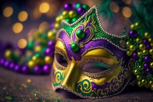 goud, Purper en groen glitterachtig mardi gras masker Aan schijnend bokeh achtergrond. generatief ai illustratie foto